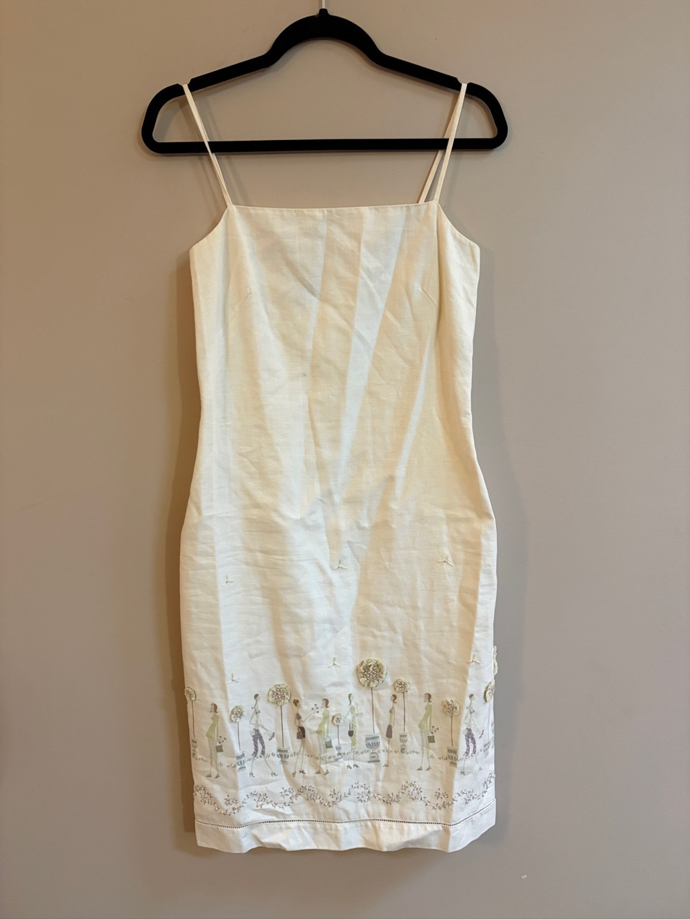 Muse Vintage Linen Cotton Embellished Lady Figure Spaghetti Strap Dress